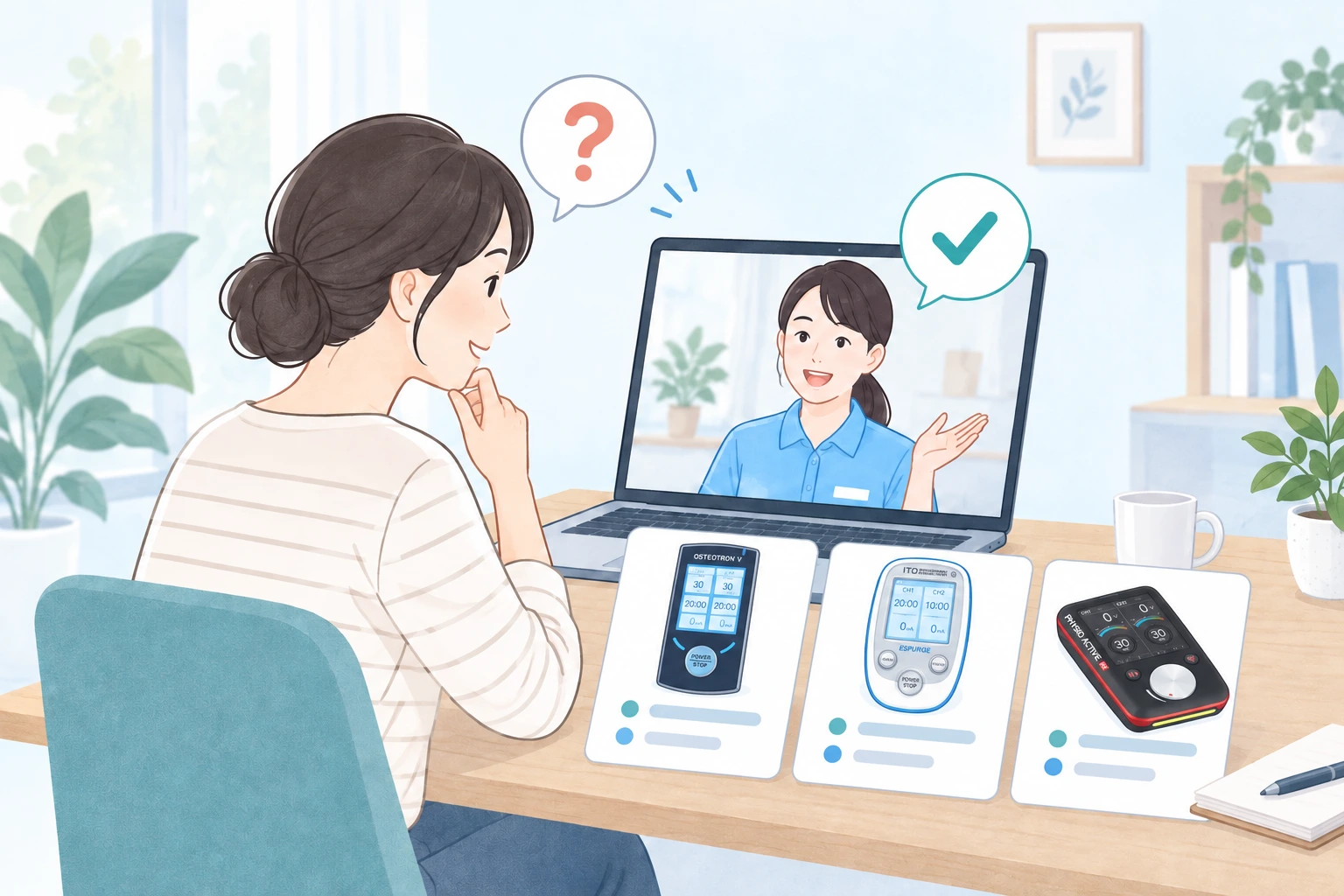 オステオトロンⅤ・エスパージ・フィジオアクティブを比較しながらスタッフに相談するイラスト