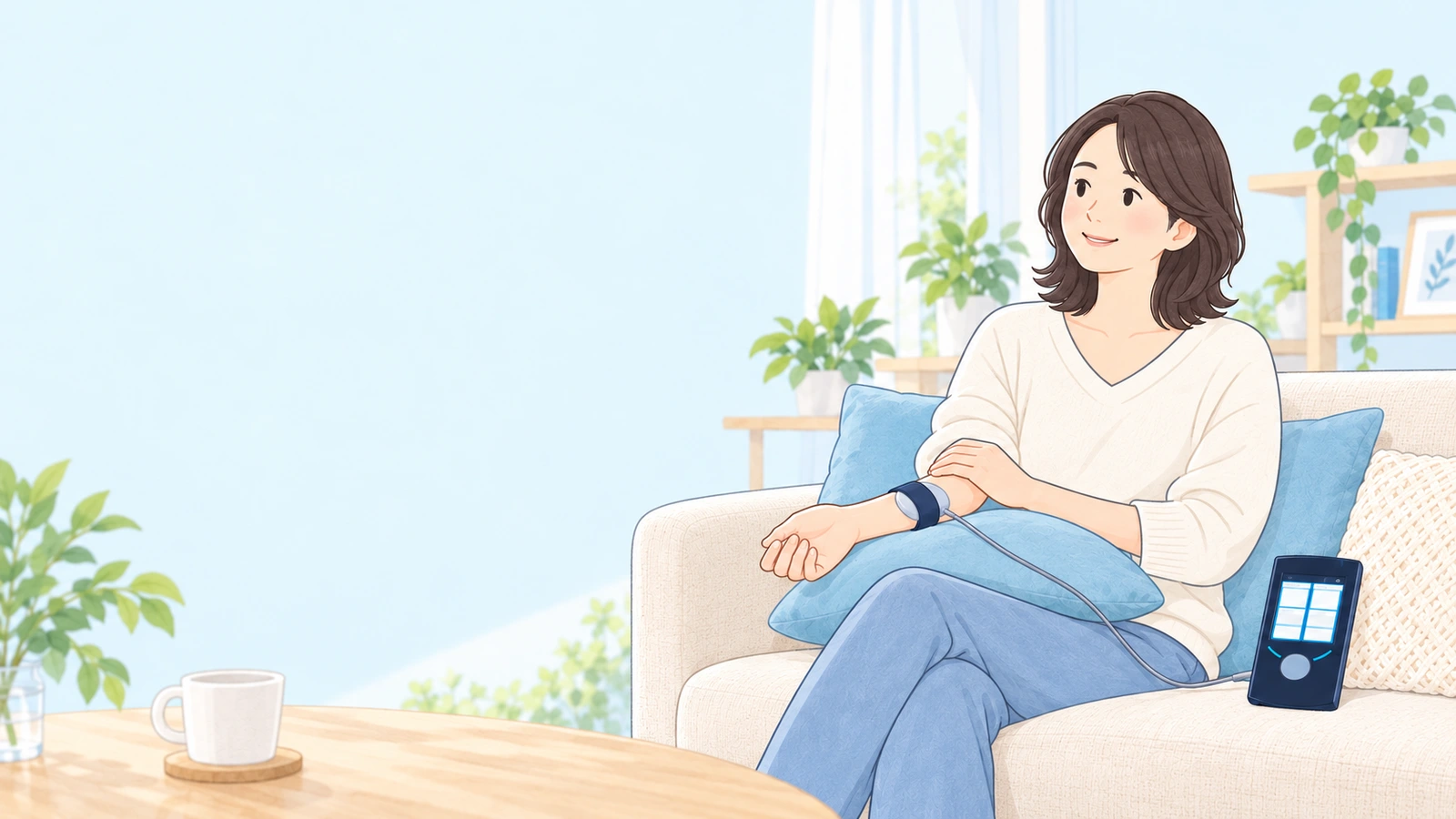 自宅のソファでオステオトロンⅤを使用する女性のイラスト